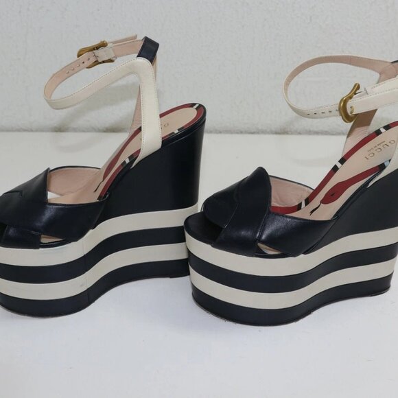 GUCCI BLU/MYSTIC WHITE ANKLE STRAP NAPPA CHARLOTTE WEDGES US 8.5 EU39 - Picture 4 of 15